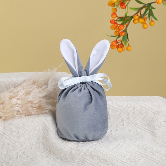 Picture of Velvet Easter Day Drawstring Bags Steel Gray Rabbit Ears 15cm x 13.5cm, 2 PCs