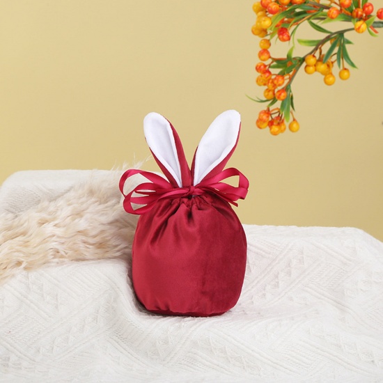 Picture of Velvet Easter Day Drawstring Bags Wine Red Rabbit Ears 15cm x 13.5cm, 2 PCs