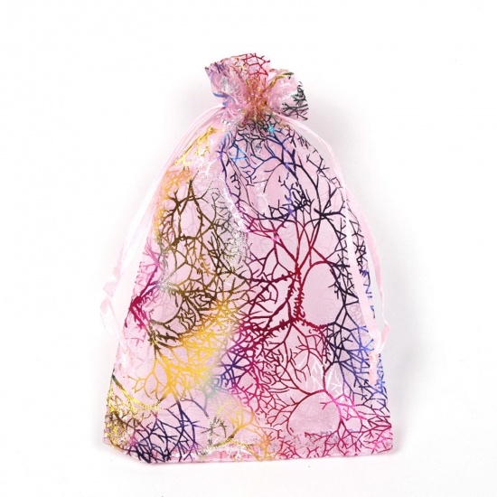 オーガンザ ホットスタンピングギフト オーガンジー袋 巾着袋 アクセサリーバック  長方形 ピンク 枝パターン ) 9cm x 7cm、 20 個 の画像
