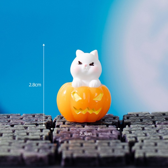Picture of Resin Cute Micro Landscape Miniature Home Decoration Orange Halloween Pumpkin Cat 2.8cm x 2.3cm, 1 Piece