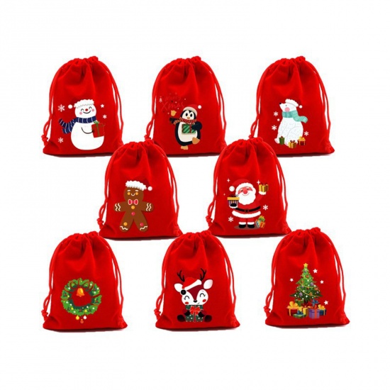 Picture of 10 PCs Velvet Christmas Drawstring Bags Red Rectangle At Random Mixed 18cm x 13cm