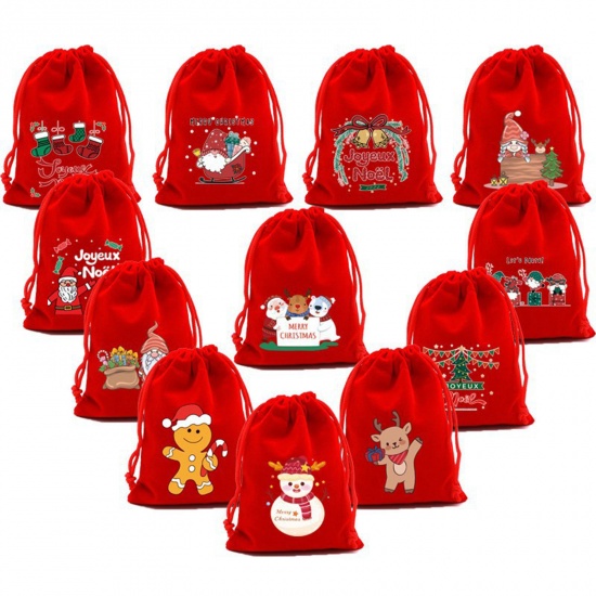 10 個 ベルベットクリスマス ドローストリングバッグ ラッピング プレゼント 長方形 赤 ランダムにミックス 12cm x 9cm の画像
