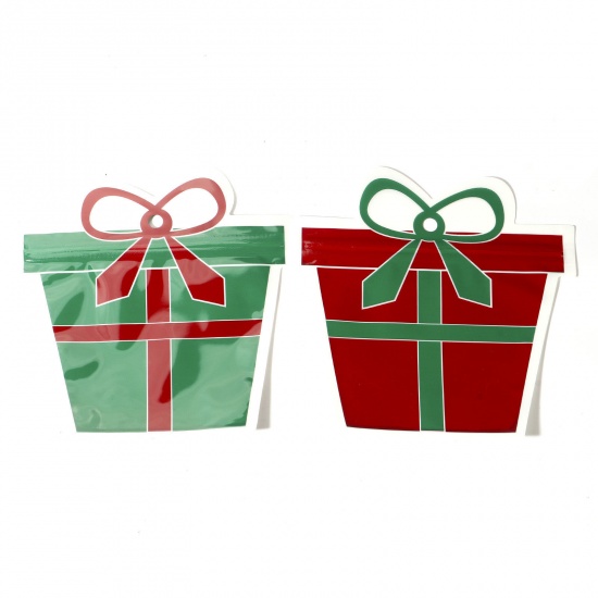 Изображение 10 ШТ ABS Пластик Сумки с замком на молнии Коробочки для рождественских подарков Бант Красный & Зеленый Двухсторонний 15см x 15см