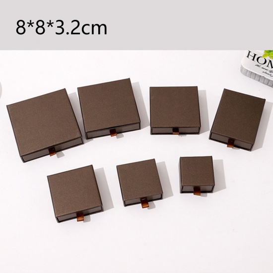 Immagine di 1 Pz Carta Confezione Regalo per Gioielli con Cassetto Estraibile Quadrato Colore del Caffè 8cm x 8cm x 3.2cm
