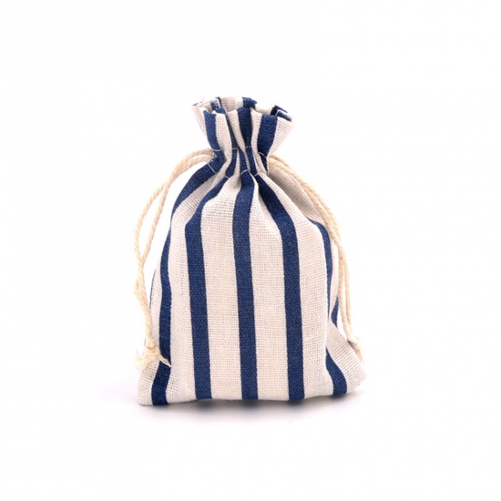 10 個 綿 ドローストリングバッグ アクセサリー包装 プレゼント 小物入れ 長方形 白 + 青 縞模様 14cm x 10cm の画像