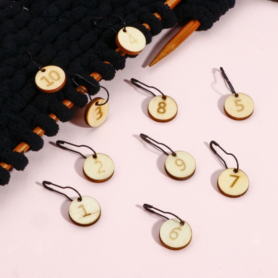 Picture of 1 Set Wood Knitting Stitch Markers Round Number Natural 3.5cm x 1.5cm
