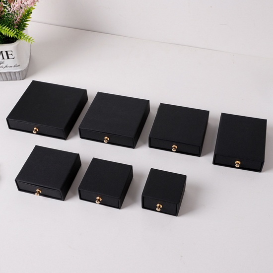 Picture of 1 Piece Kraft Paper Drawer Jewelry Box For Necklace Bracelet Ring Gift Display Packaging Square Black 9cm x 9cm x 3.2cm