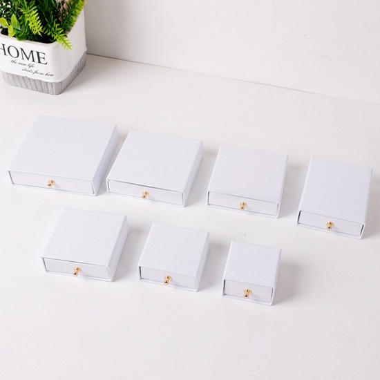 Picture of 1 Piece Kraft Paper Drawer Jewelry Box For Necklace Bracelet Ring Gift Display Packaging Rectangle White 9cm x 7cm x 3.2cm
