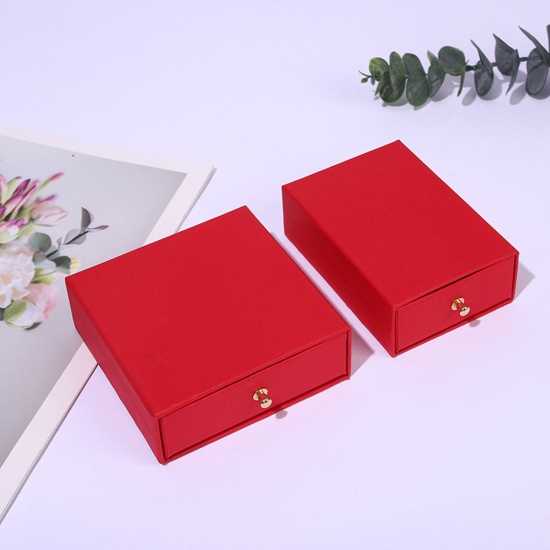 Picture of 1 Piece Kraft Paper Drawer Jewelry Box For Necklace Bracelet Ring Gift Display Packaging Rectangle Red 9cm x 7cm x 3.2cm