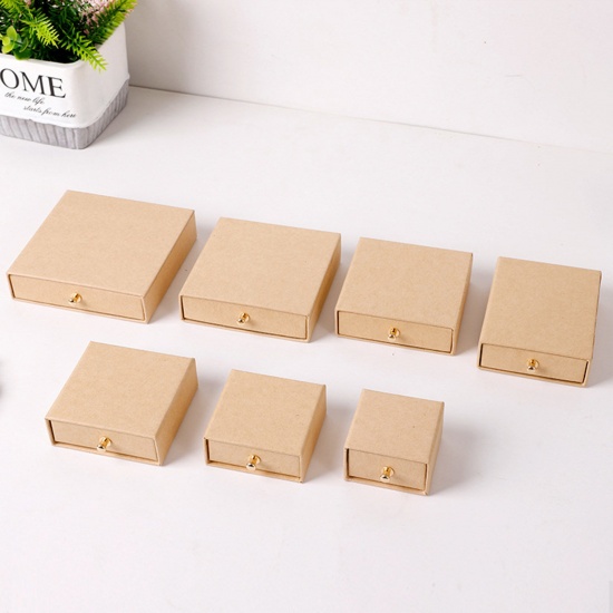 Picture of 1 Piece Kraft Paper Drawer Jewelry Box For Necklace Bracelet Ring Gift Display Packaging Square Brown 10cm x 10cm x 3.5cm