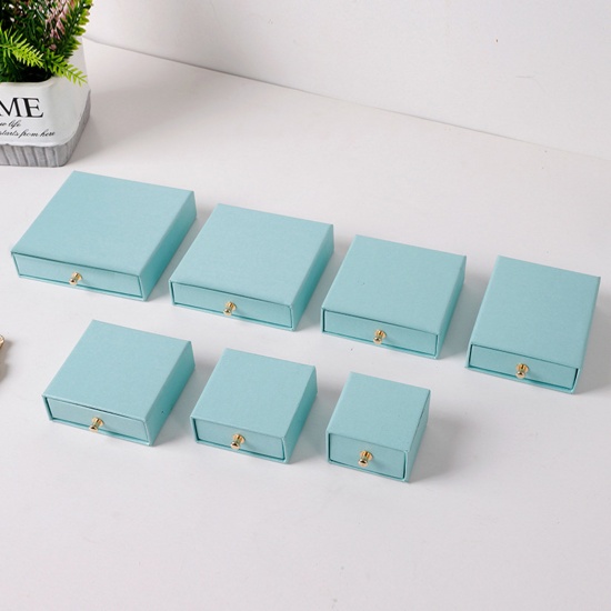 Picture of 1 Piece Kraft Paper Drawer Jewelry Box For Necklace Bracelet Ring Gift Display Packaging Rectangle Light Blue 9cm x 7cm x 3.2cm