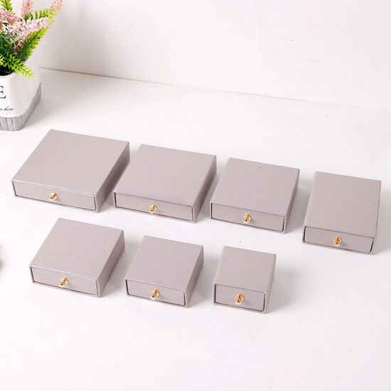 Picture of 1 Piece Kraft Paper Drawer Jewelry Box For Necklace Bracelet Ring Gift Display Packaging Square Silver-gray 9cm x 9cm x 3.2cm