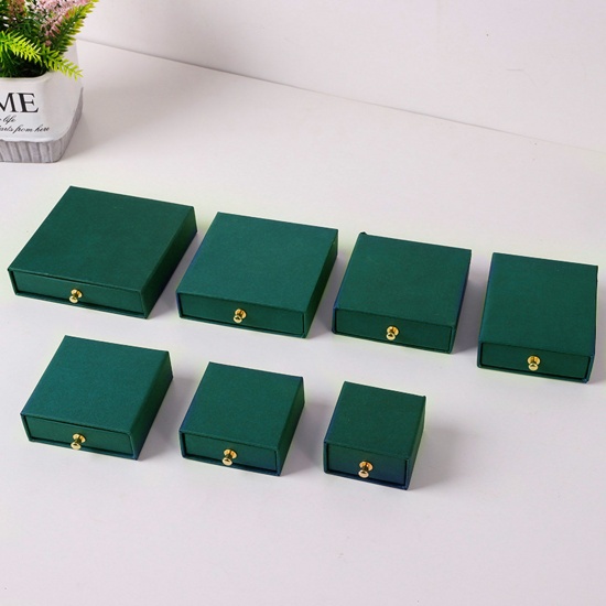 Picture of 1 Piece Kraft Paper Drawer Jewelry Box For Necklace Bracelet Ring Gift Display Packaging Square Dark Green 9cm x 9cm x 3.2cm