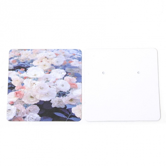Picture of 50 PCs Art Paper Jewelry Earrings Display Card White & Blue Square Flower Pattern 6cm x 6cm