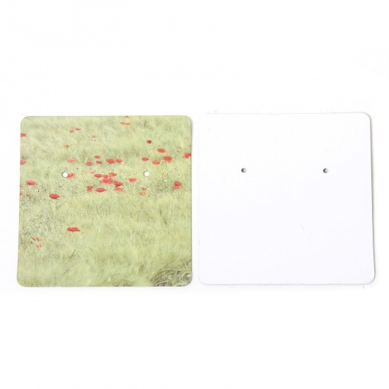 Picture of 50 PCs Art Paper Jewelry Earrings Display Card Green Square Grass Pattern 6cm x 6cm