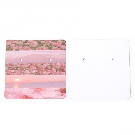 Picture of 50 PCs Art Paper Jewelry Earrings Display Card Pink Square Flower Pattern 6cm x 6cm