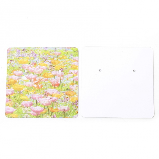Picture of 50 PCs Art Paper Jewelry Earrings Display Card Multicolor Square Flower Pattern 6cm x 6cm