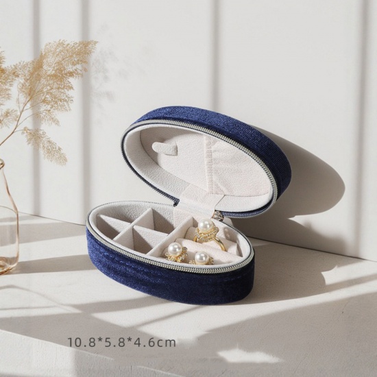 Immagine di 1 Pz Velluto di Cotone Scatola Portagioielli Ovale Blu Scuro 10cm x 5.8cm x 4.6cm