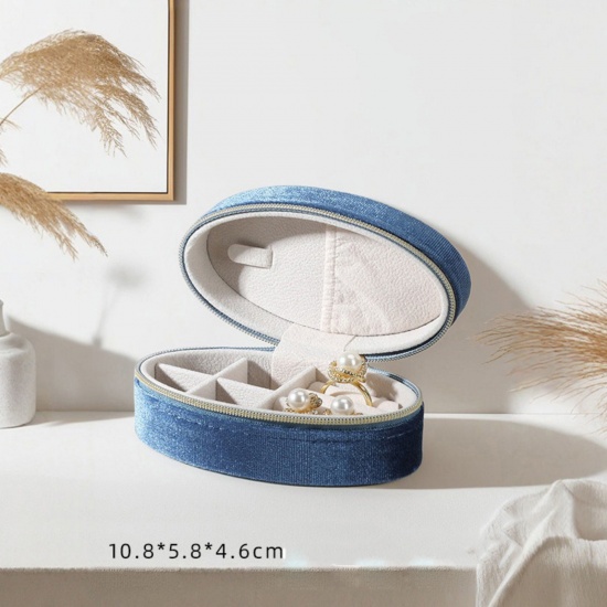 Immagine di 1 Pz Velluto di Cotone Scatola Portagioielli Ovale Blu Marino 10cm x 5.8cm x 4.6cm