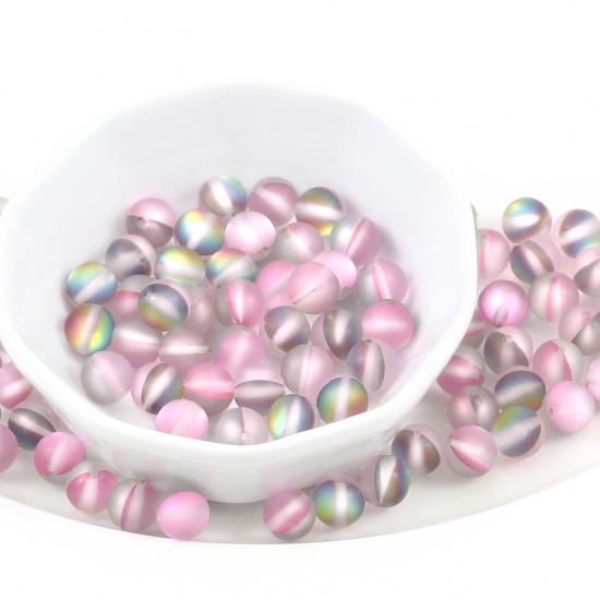 Picture of Glass Imitation Glitter Polaris Beads Round Pink Translucent Frosted About 8mm Dia, Hole: Approx 0.9mm, 100 PCs