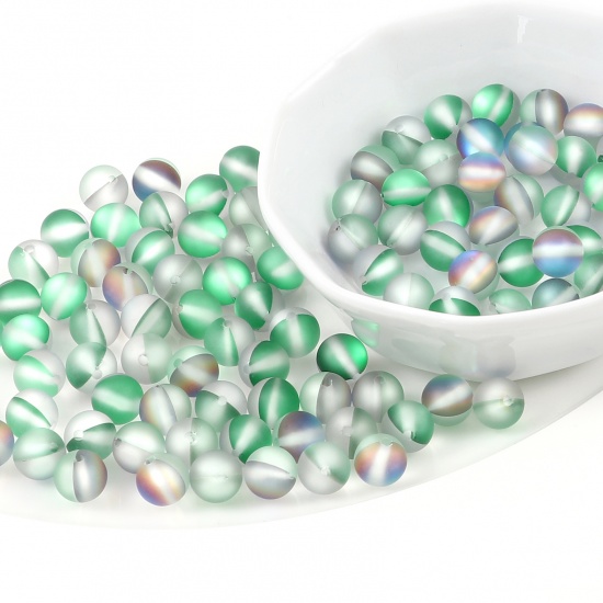 Изображение Glass Imitation Glitter Polaris Beads Round Green Translucent Frosted About 8mm Dia, Hole: Approx 0.9mm, 100 PCs