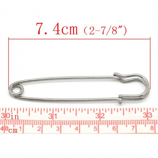 Picture of Iron Based Alloy Safety Pin Brooches Findings Silver Tone 7.4cm x 1.4cm, 1 Piece
