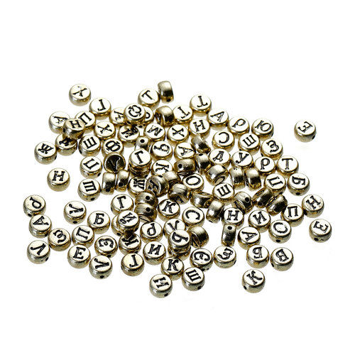 Bild von Acryl Spacer Zwischenperlen Perlen Rund Antik Gold Russische Buchstabe ca. 7mm D., Loch:ca. 1.3mm, 400 Stücke