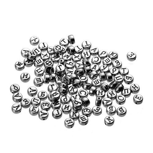 Изображение Бусины Русские Акриловые, Круглые, цвет: Антично-серебрянный с узором " Буква ", 7мм диаметр, 1.3мм, 400 ШТ