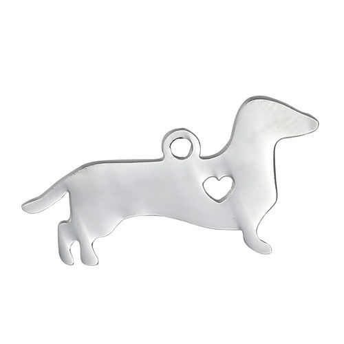 Picture of 1 Piece 304 Stainless Steel Pet Silhouette Blank Stamping Tags Pendants Dachshund Animal Heart Silver Tone Double-sided Polishing 30mm x 16mm