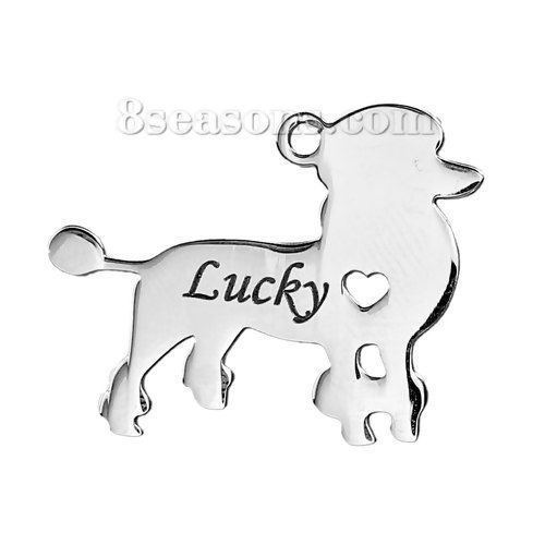 Picture of 1 Piece 304 Stainless Steel Pet Silhouette Blank Stamping Tags Pendants Poodle Animal Heart Silver Tone Double-sided Polishing 30mm x 24mm