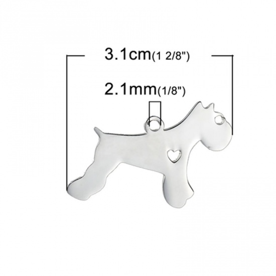 Picture of 1 Piece 304 Stainless Steel Pet Silhouette Blank Stamping Tags Pendants Akita Animal Heart Silver Tone Double-sided Polishing 30mm x 25mm
