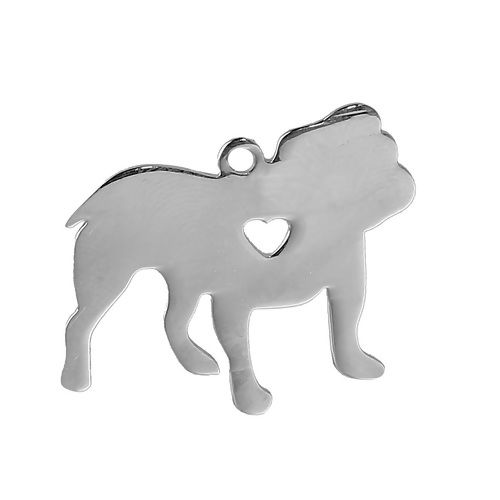 Bild von 1 Stück 304 Edelstahl Haustier Silhouette Leere Stempeletiketten Charms Bulldogge Herz Silberfarbe Doppelseitiges Polieren 28mm x 27mm