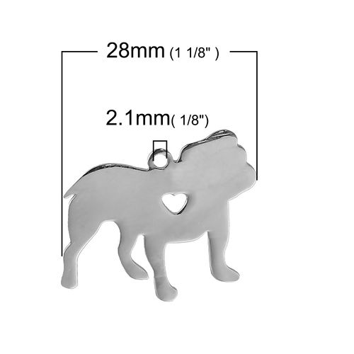 Immagine di 1 Pz 304 Acciaio Inossidabile Beniamino Contorno Etichette di Stampaggio Vuote Charms Bulldog Cuore Tono Argento Lucidatura su Entrambi i Lati 28mm x 27mm 