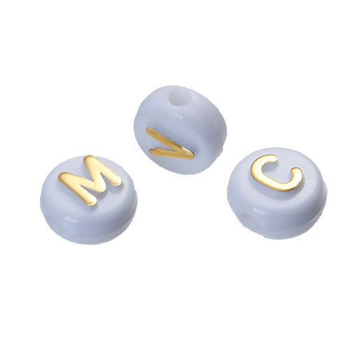 Picture of Acrylic Spacer Beads Round White At Random Mixed Alphabet/ Letter Pattern Enamel About 10mm Dia, Hole: Approx 1.9mm, 200 PCs