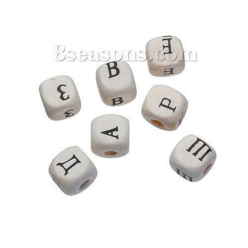 Picture of Natural Wood Russian Alphabet Beads Square At Random Mixed 10mm x 10mm, Hole: Approx 3.8mm, 200 PCs