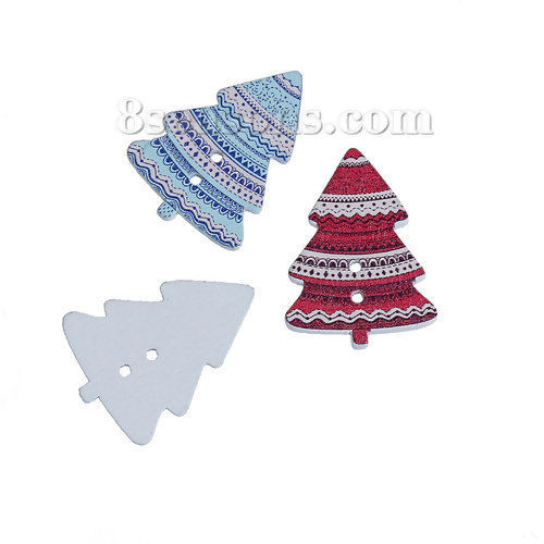 Immagine di Legno Bottone da Cucire Scrapbook Due Fori Albero di Natale A Random 33mm x 25mm, 30 Pz