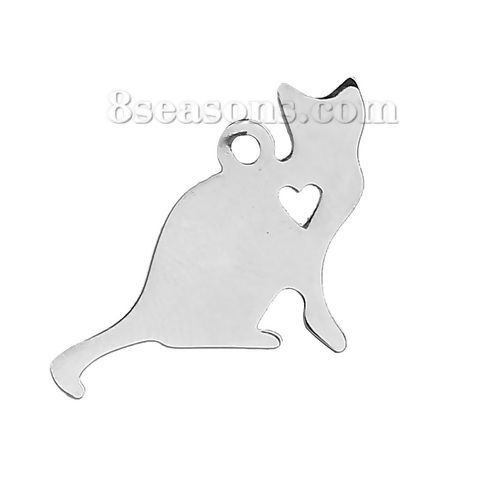 Bild von 1 Stück 304 Edelstahl Haustier Silhouette Leere Stempeletiketten Charms Katze Herz Silberfarbe Doppelseitiges Polieren 22mm x 17mm