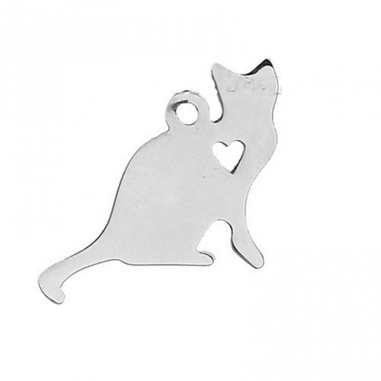 Picture of 1 Piece 304 Stainless Steel Pet Silhouette Blank Stamping Tags Charms Cat Animal Silver Tone Double-sided Polishing 29mm x 27mm