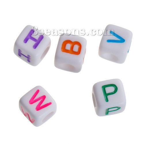 Picture of Acrylic Spacer Beads Cube At Random Mixed Alphabet /Letter Pattern About 8mm x 8mm, Hole: Approx 4mm, 100 PCs
