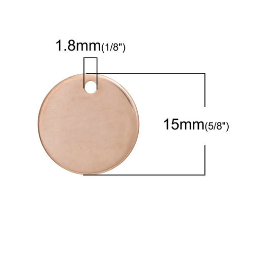 Immagine di Acciaio Inossidabile Etichette di Stampaggio Vuote Charms Tondo Oro Rosa Lucidatura Unilaterale 15mm Dia, 3 Pz