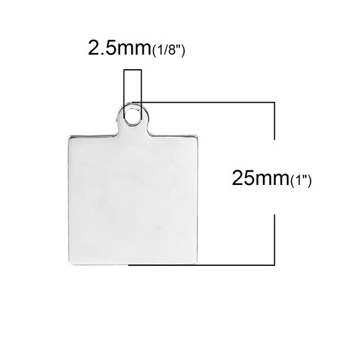 Picture of 2 PCs Stainless Steel Blank Stamping Tags Charms Square Silver Tone Double-sided Polishing 25mm x 20mm