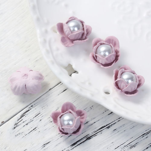 Image de Fleur de Tissu pour bijoux DIY Scrapbooking Artisanat Rosé Pâle Gris Acrylique Imitation Perles 20mm x 18mm, 5 Pcs