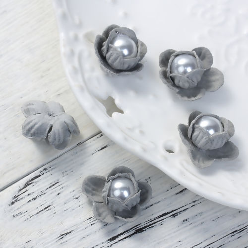 Picture of Acrylic Fabric Flower For DIY Jewelry Craft Steel Gray Imitation Pearl 20mm( 6/8") x 18mm( 6/8"), 5 PCs