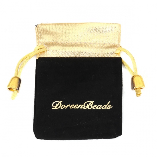 Picture of Velvet Jewelry Gift Bags Drawstring Rectangle Black (Usable Space: 7x7cm) 9.5cm(3 6/8") x 7cm(2 6/8"), 5 PCs