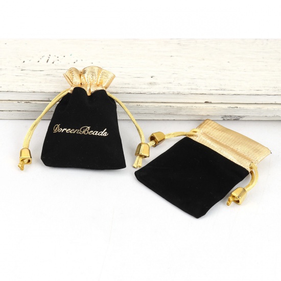 Picture of Velvet Jewelry Gift Bags Drawstring Rectangle Black (Usable Space: 7x7cm) 9.5cm(3 6/8") x 7cm(2 6/8"), 5 PCs