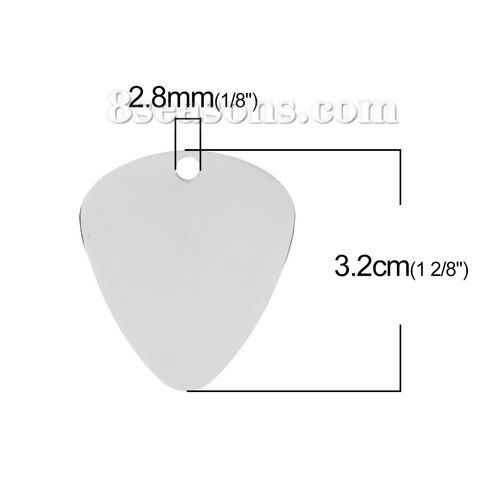 Immagine di 2 Pz Acciaio al titanio Musica Etichette di Stampaggio Vuote Ciondoli Chitarra Plettro Tono Argento Lucidatura su Entrambi i Lati 32mm x 28mm 