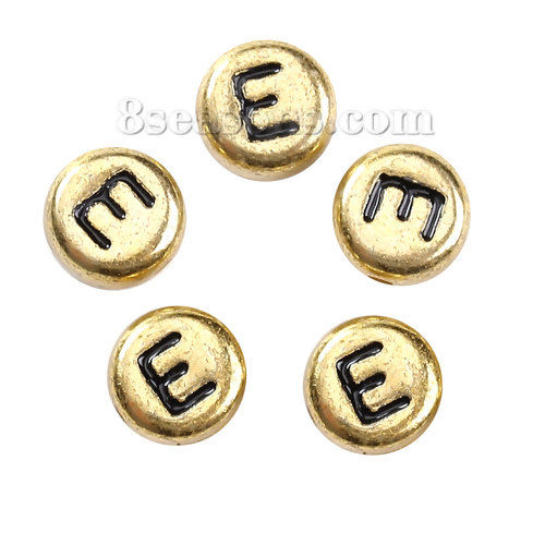 Immagine di Acrilato Separatori Perline Tondo Oro Lettera Disegno " E " Circa 7mm Dia, Foro: Circa 1mm, 300 Pz