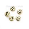 Picture of Acrylic Spacer Beads Round Golden Initial Alphabet/ Letter " U " About 7mm( 2/8") Dia, Hole: Approx 1mm, 300 PCs