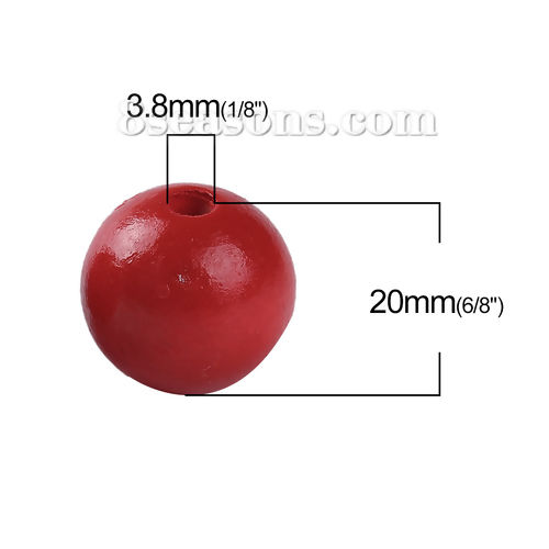 Immagine di Legno di Hinoki Separatori Perline Tondo Rosso Pittura Circa: 20mm Dia, Foro: Circa 3.8mm, 50 Pz