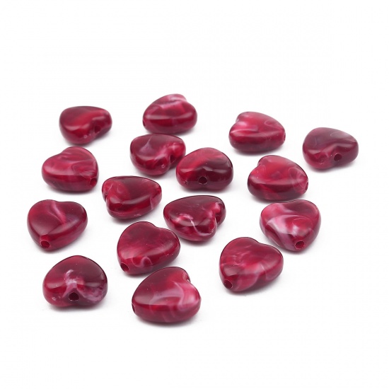 Image de Perles en Acrylique Cœur Vin Rouge Effet Marbré 14mm x 14mm, Taille de Trou: 2.2mm, 50 Pcs